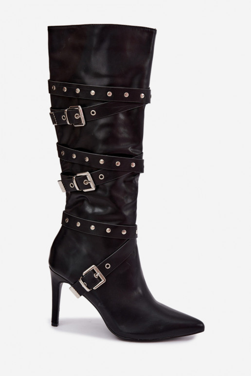 Bottes longues pour femmes avec des talons fins et des boucles en couleur noire Invera