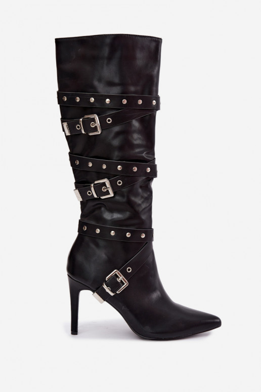 Bottes longues pour femmes avec des talons fins et des boucles en couleur noire Invera