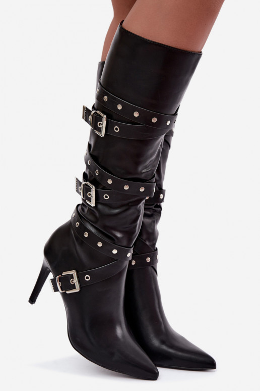 Bottes longues pour femmes avec des talons fins et des boucles en couleur noire Invera