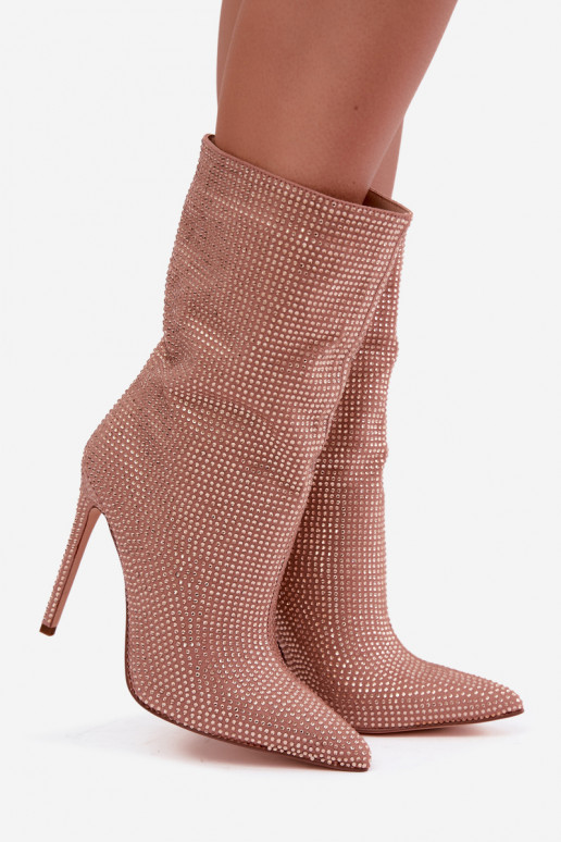 Bottines pour femmes décorées avec des talons fins en couleur champagne Galessa