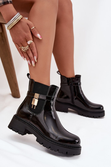 Bottines isolées en vernis avec détails Ze dorées et noires Talyra
