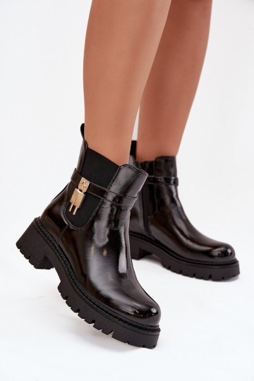 Bottines isolées en vernis avec détails Ze dorées et noires Talyra 2