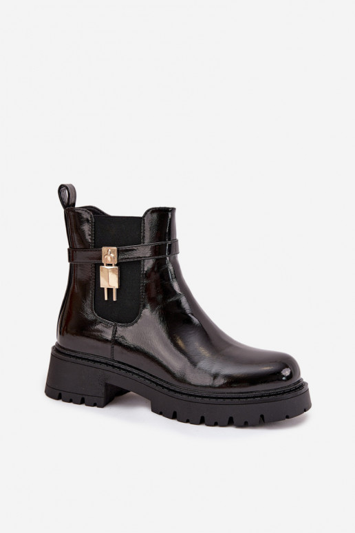 Bottines isolées en vernis avec détails Ze dorées et noires Talyra