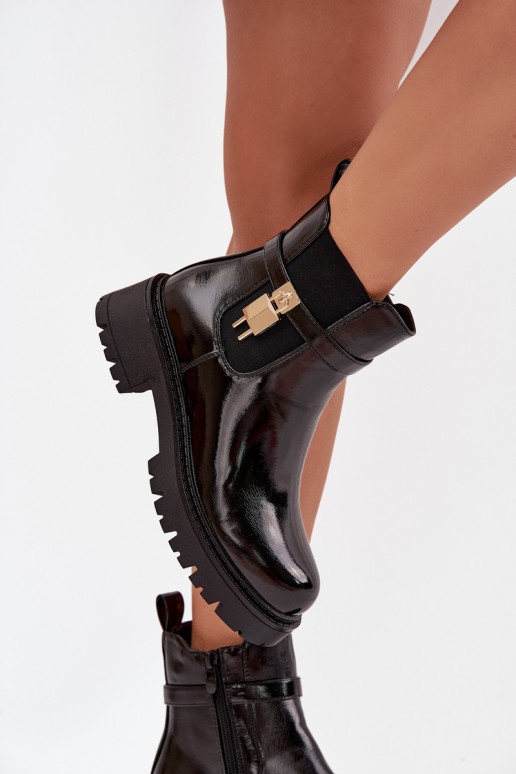 Bottines isolées en vernis avec détails Ze dorées et noires Talyra