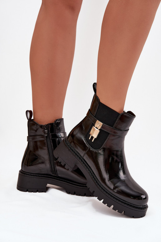 Bottines isolées en vernis avec détails Ze dorées et noires Talyra