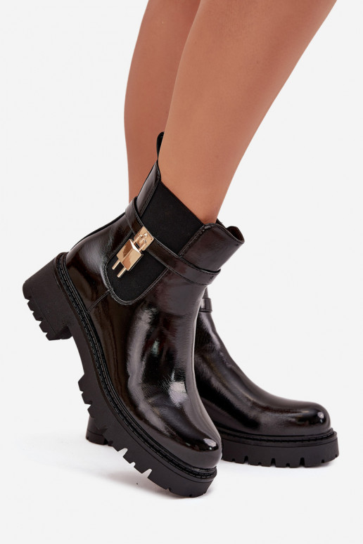 Bottines isolées en vernis avec détails Ze dorées et noires Talyra