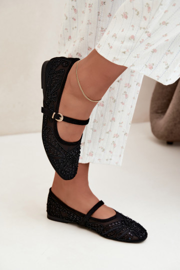Ballerines en maille avec des fleurs brodées et des paillettes couleur noire Caletta 2