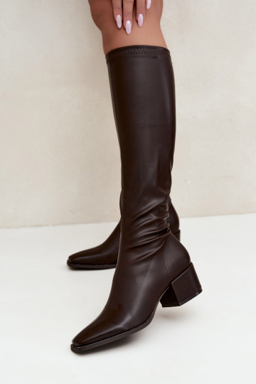 bottes hautes pour femmes avec tige à lacets sur petit talon en cuir synthétique caramel Gisellea 2