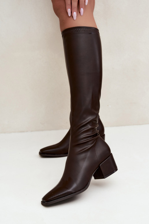 bottes hautes pour femmes avec tige à lacets sur petit talon en cuir synthétique caramel Gisellea