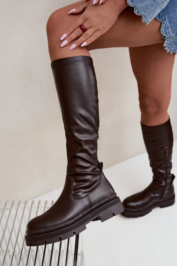 bottes hautes pour femmes avec plateforme en cuir synthétique CzekoladoĮe