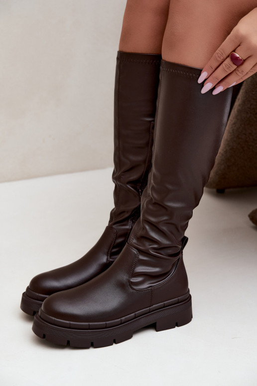 bottes hautes pour femmes avec plateforme en cuir synthétique CzekoladoĮe