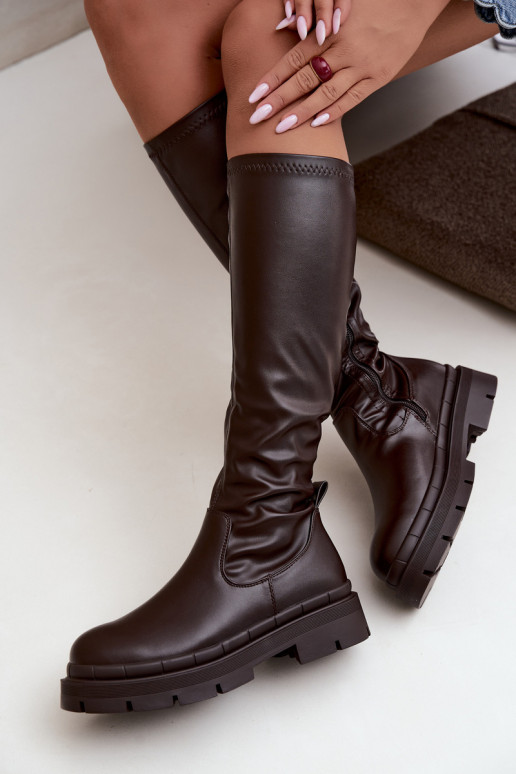 bottes hautes pour femmes avec plateforme en cuir synthétique CzekoladoĮe