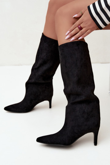 bottes hautes pour femmes à enfiler, doublées avec des talons fins en noir Olivienne
