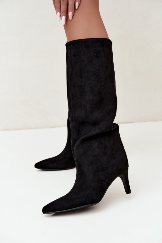 bottes hautes pour femmes à enfiler, doublées avec des talons fins en noir Olivienne