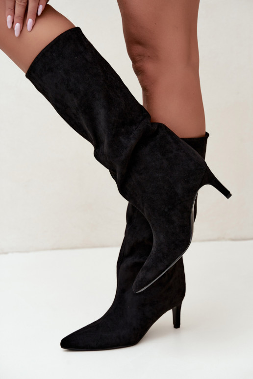 bottes hautes pour femmes à enfiler, doublées avec des talons fins en noir Olivienne