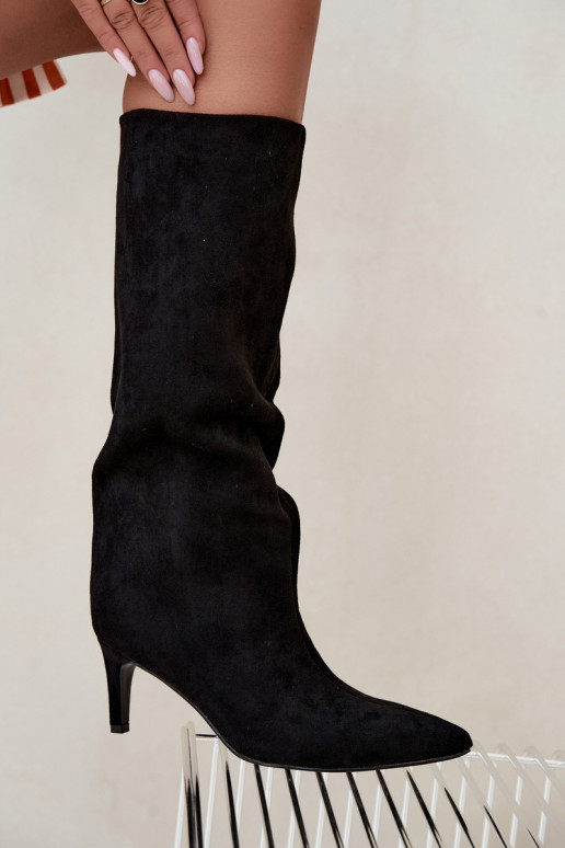 bottes hautes pour femmes à enfiler, doublées avec des talons fins en noir Olivienne