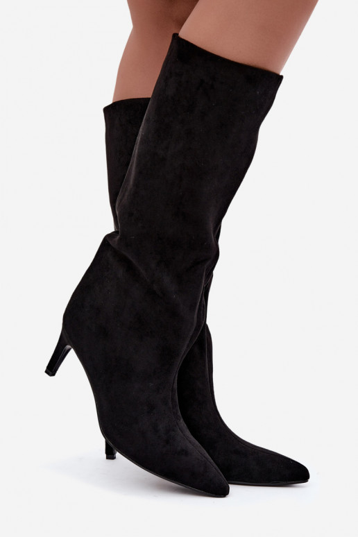 bottes hautes pour femmes à enfiler, doublées avec des talons fins en noir Olivienne
