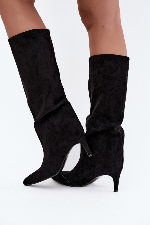 bottes hautes pour femmes à enfiler, doublées avec des talons fins en noir Olivienne