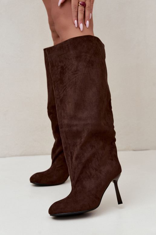 bottes hautes pour femmes à enfiler avec talons fins en CzekoladoĮe Caliya