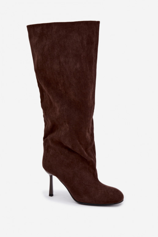 bottes hautes pour femmes à enfiler avec talons fins en CzekoladoĮe Caliya