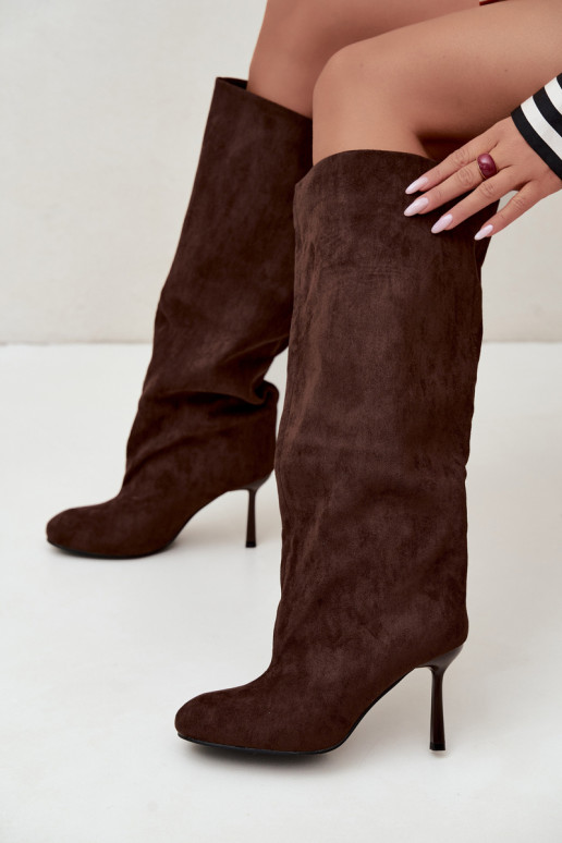 bottes hautes pour femmes à enfiler avec talons fins en CzekoladoĮe Caliya