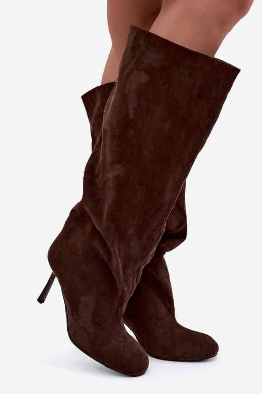 bottes hautes pour femmes à enfiler avec talons fins en CzekoladoĮe Caliya