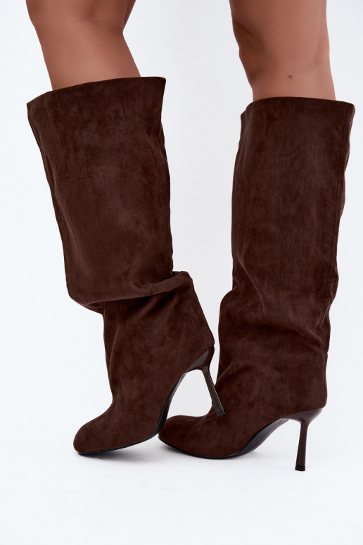 bottes hautes pour femmes à enfiler avec talons fins en CzekoladoĮe Caliya