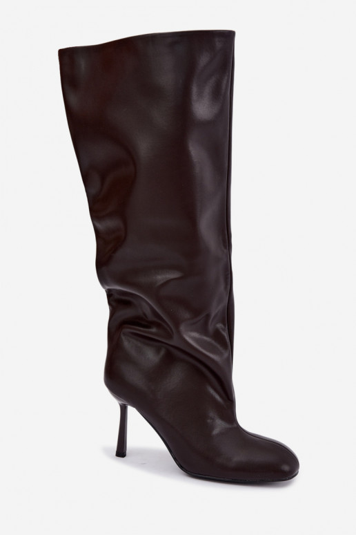 Bottes hautes pour femmes à enfiler avec talons fins en chocolat Caliya
