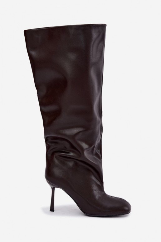 Bottes hautes pour femmes à enfiler avec talons fins en chocolat Caliya