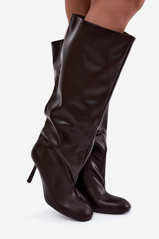 Bottes hautes pour femmes à enfiler avec talons fins en chocolat Caliya
