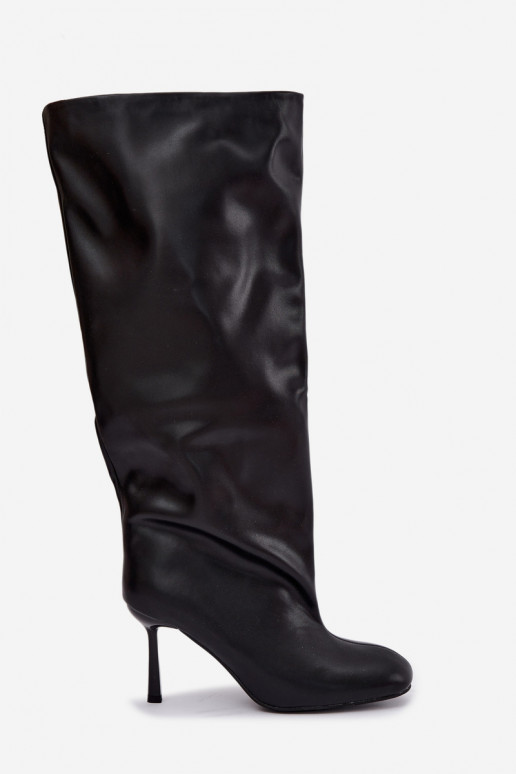Bottes hautes pour femmes à enfiler avec talons fins en noir Caliya