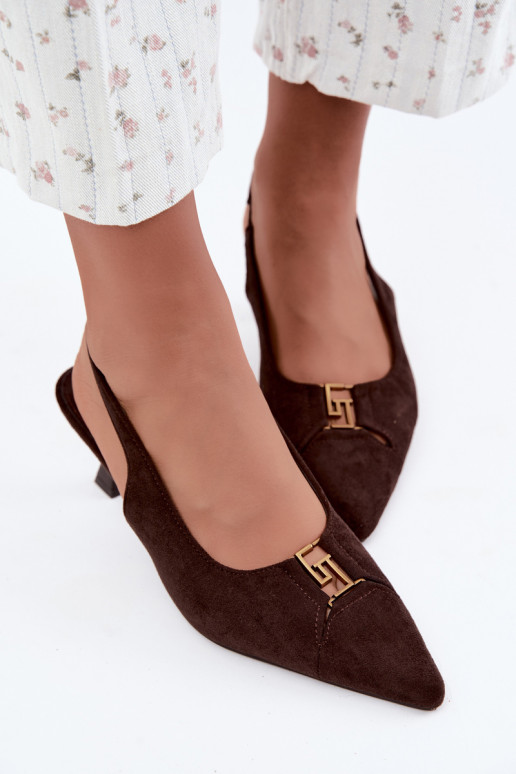 Sandales à talons avec talon ouvert et détails décoratifs en couleur chocolat Gilly