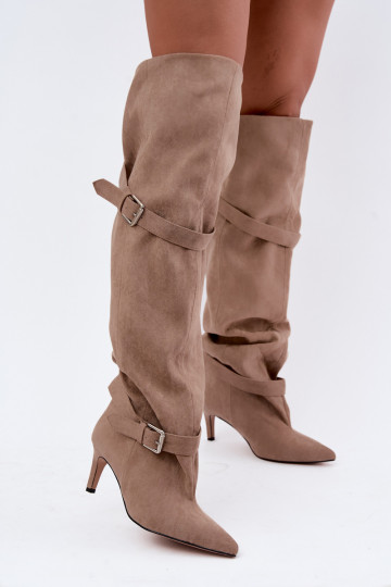 Bottes à talons au-dessus du genou avec sangles et boucles en couleur sable Tai turibel