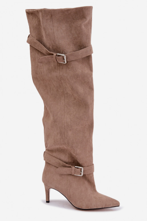 Bottes à talons au-dessus du genou avec sangles et boucles en couleur sable Tai turibel