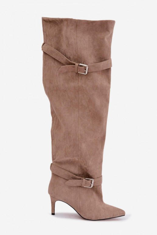 Bottes à talons au-dessus du genou avec sangles et boucles en couleur sable Tai turibel