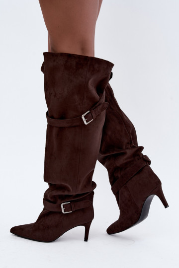 Bottes à talons au-dessus du genou avec sangles et boucles en couleur chocolat Tai turibel