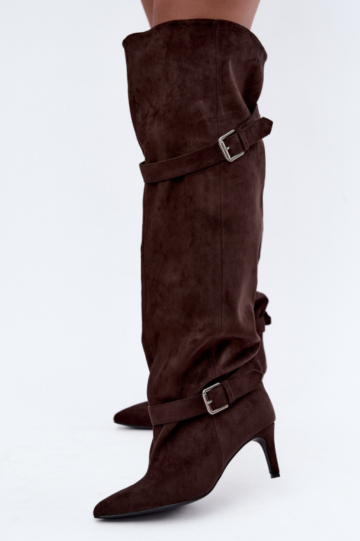 Bottes à talons au-dessus du genou avec sangles et boucles en couleur chocolat Tai turibel