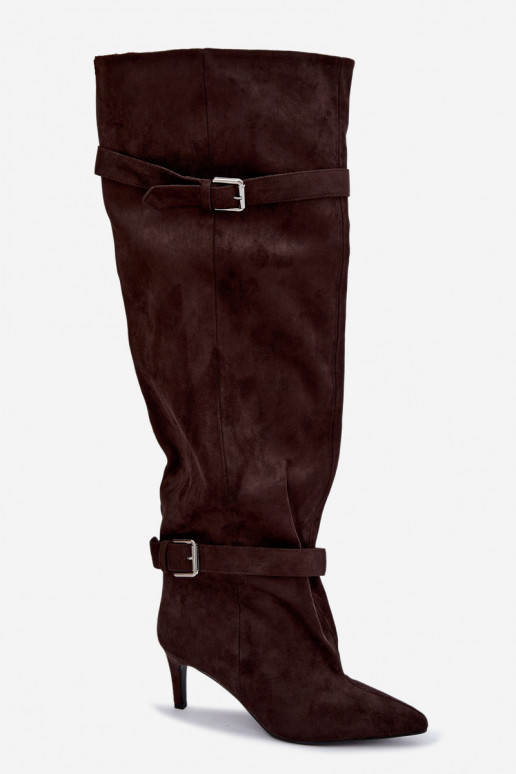 Bottes à talons au-dessus du genou avec sangles et boucles en couleur chocolat Tai turibel