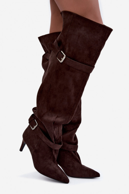 Bottes à talons au-dessus du genou avec sangles et boucles en couleur chocolat Tai turibel