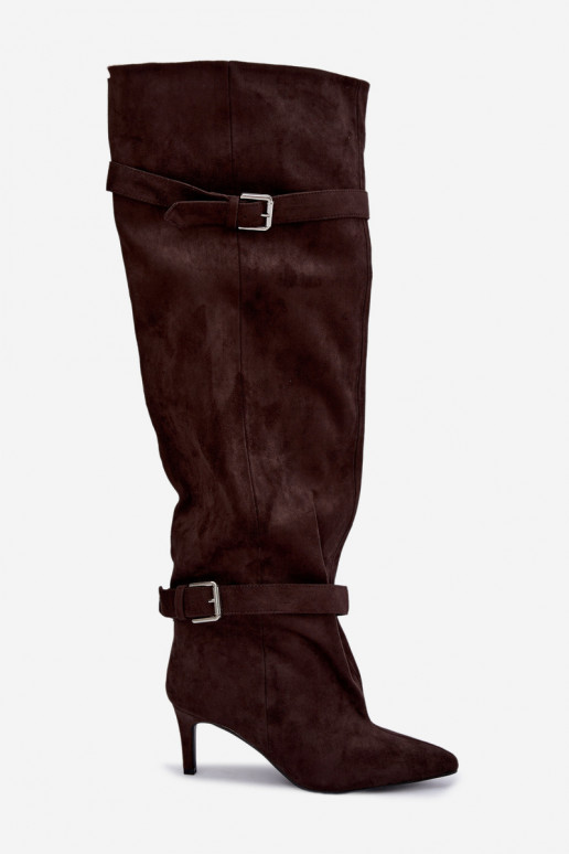 Bottes à talons au-dessus du genou avec sangles et boucles en couleur chocolat Tai turibel