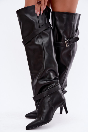 Bottes à talons au-dessus du genou avec sangles et boucles en couleur noire Tai turibel