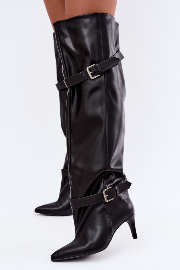 Bottes à talons au-dessus du genou avec sangles et boucles en couleur noire Tai turibel 2