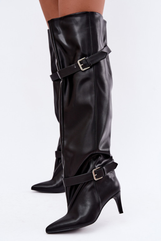 Bottes à talons au-dessus du genou avec sangles et boucles en couleur noire Tai turibel