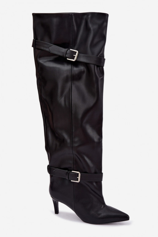 Bottes à talons au-dessus du genou avec sangles et boucles en couleur noire Tai turibel