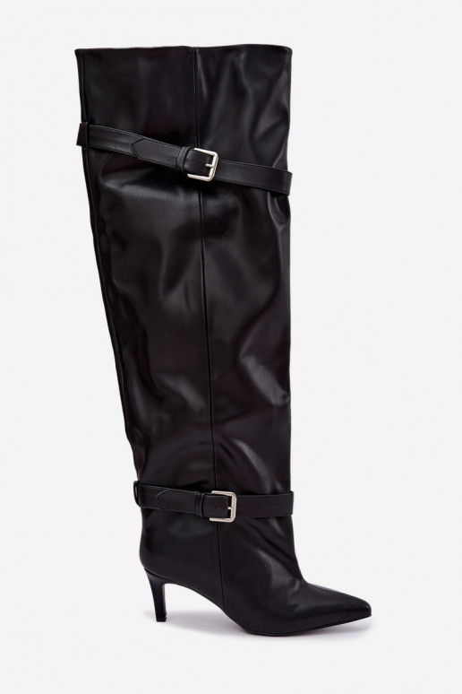 Bottes à talons au-dessus du genou avec sangles et boucles en couleur noire Tai turibel
