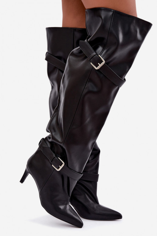 Bottes à talons au-dessus du genou avec sangles et boucles en couleur noire Tai turibel