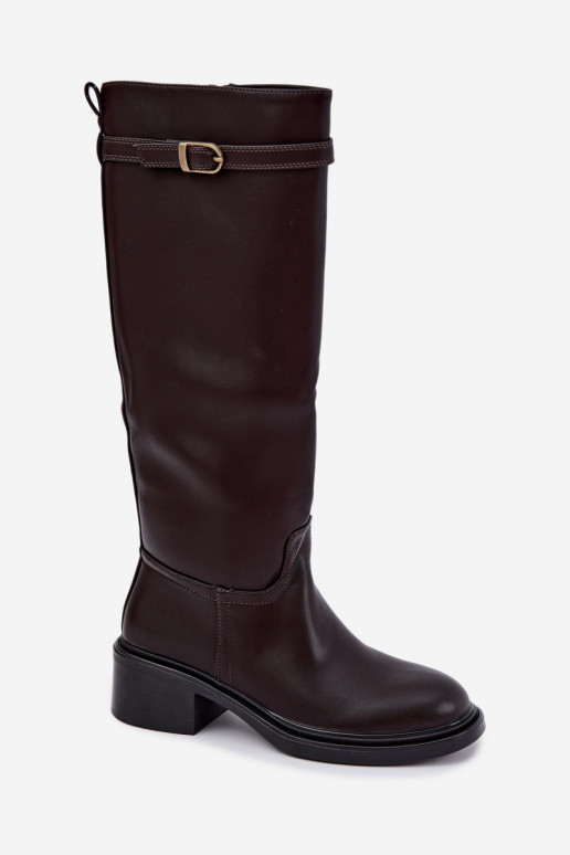 bottes hautes à petit talon pour femmes avec boucles en chocolat Orlisa