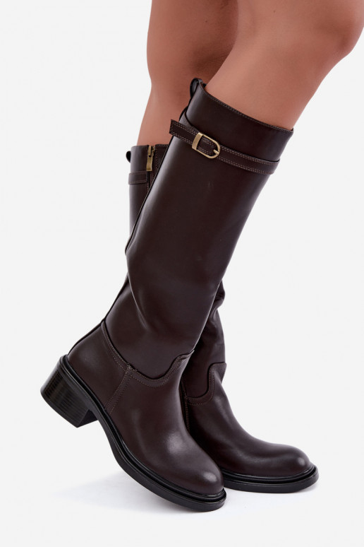 bottes hautes à petit talon pour femmes avec boucles en chocolat Orlisa