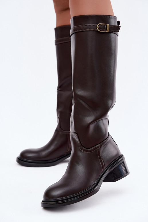 bottes hautes à petit talon pour femmes avec boucles en chocolat Orlisa