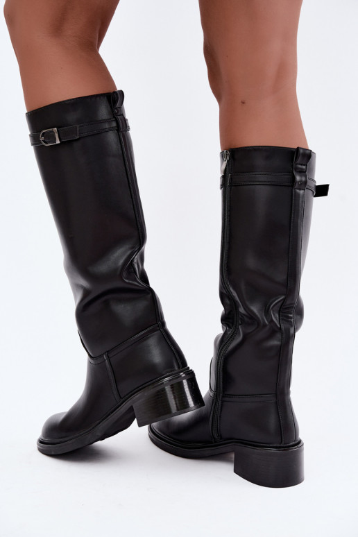 bottes hautes à petit talon pour femmes avec boucles en noir Orlisa